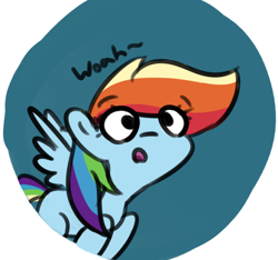 Size: 540x506 | Tagged: safe, artist:davierocket, character:rainbow dash, female, flying, open mouth, simple background, solo, text
