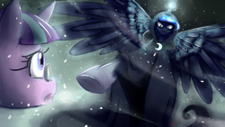 Size: 1200x675 | Tagged: safe, artist:ryuredwings, character:princess luna, character:snowfall frost, character:starlight glimmer, episode:a hearth's warming tail, g4, my little pony: friendship is magic, luna's future, magic, painting, scene interpretation, spirit of hearth's warming yet to come