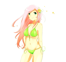 Size: 2734x2605 | Tagged: safe, artist:derpiihooves, character:fluttershy, species:human, belly button, bikini, breasts, busty fluttershy, clothing, faith summers, female, flower, flower in hair, green swimsuit, hand on hip, high res, humanized, side-tie bikini, simple background, solo, starswirl academy, swimsuit, white background