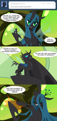 Size: 850x1820 | Tagged: safe, artist:tarajenkins, character:queen chrysalis, species:changeling, changeling queen, comic, cupidite, duo, female, male, micro, punishment, squish