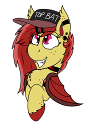 Size: 960x1280 | Tagged: safe, artist:php62, oc, oc only, oc:ruby splash, species:bat pony, species:pony, cap, chest fluff, choker, clothing, ear piercing, earring, freckles, grin, hairclip, hat, jewelry, looking up, piercing, smiling, solo, top bat, top gun hat, unshorn fetlocks