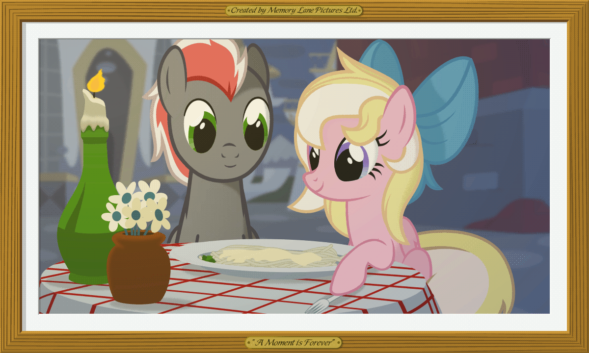 Size: 1200x720 | Tagged: safe, artist:misteraibo, oc, oc only, oc:bay breeze, oc:mahx, animated, bahx, candle, canterlot, cute, dinner, eating, food, fork, gif, hoof hold, lady and the tramp, male, memory lane pictures, pasta, perfect loop, shipping, smiling, spaghetti, spaghetti scene, straight, vector