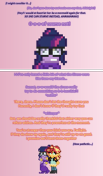 Size: 504x857 | Tagged: safe, artist:verve, character:sunset shimmer, character:twilight sparkle, character:twilight sparkle (scitwi), species:eqg human, my little pony:equestria girls, ain't never had friends like us, ask, genie, glasses, implied midnight sparkle, pixel art, shantae, tumblr