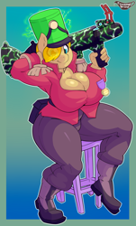 Size: 1800x2985 | Tagged: safe, artist:creamygravy, oc, oc only, oc:vanillablitz, species:anthro, agonizing emerald, big breasts, boots, breasts, clothing, diplomat, female, gentle manne's service medal, hair over one eye, killstreak, looking at you, medal, painted, pinup, rocket launcher, scarf, sitting, soldier, solo, stool, stout shako, team fortress 2, terror-watt, the bitter taste of defeat and lime, translucent mane