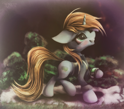 Size: 1943x1700 | Tagged: safe, artist:ferasor, oc, oc only, oc:littlepip, species:pony, species:unicorn, fallout equestria, blushing, clothing, drug use, drugs, fanfic, fanfic art, female, floppy ears, high, hooves, horn, implied drug use, mare, mint-als, party time mintals, pipbuck, smiling, solo, teeth, vault suit