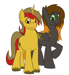 Size: 4328x4688 | Tagged: safe, artist:unpeeledwasp, oc, oc only, oc:caz, oc:gearlock, species:pegasus, species:pony, species:unicorn, derpibooru community collaboration, 2017 community collab, absurd resolution, amputee, augmented, looking at you, prosthetic limb, prosthetic wing, prosthetics, simple background, transparent background