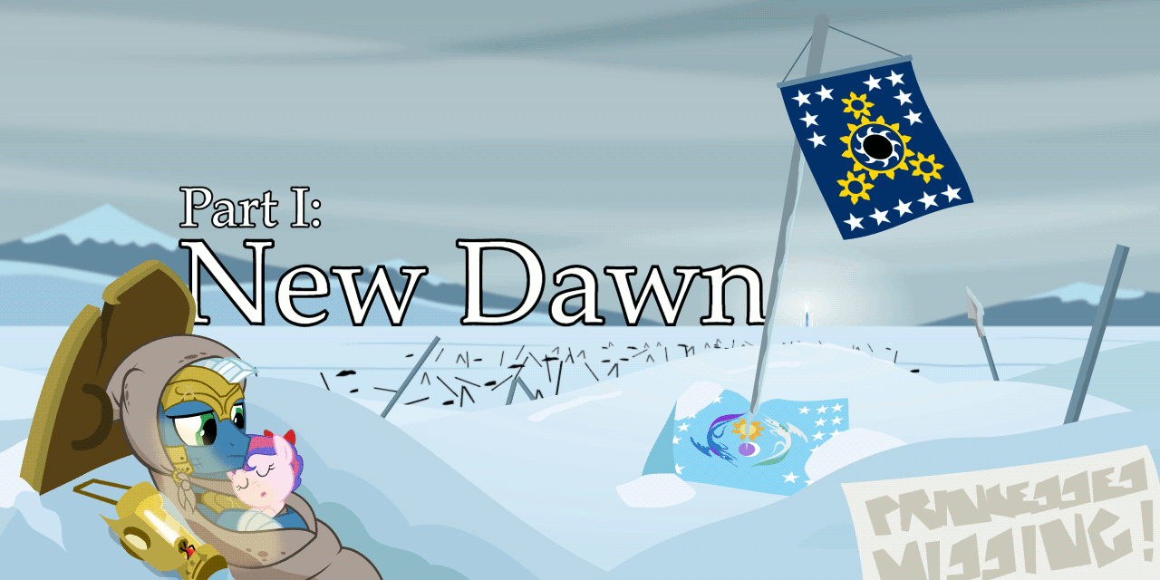 Size: 1280x640 | Tagged: safe, artist:misteraibo, oc, oc only, oc:blazin blue, oc:gale amore, species:pony, animated, baby, baby pony, banner, battlefield, breathing, cold, crystal empire, equestrian flag, flag, flag waving, gif, male, princess (fanfic), snow, stallion