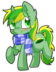 Size: 915x1185 | Tagged: safe, artist:cloureed, oc, oc only, oc:meadow dawn, species:pony, species:unicorn, blushing, christmas, clothing, gift art, scarf, simple background, solo, starry eyes, transparent background, wingding eyes
