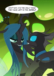 Size: 1215x1722 | Tagged: safe, artist:tarajenkins, character:queen chrysalis, species:changeling, changeling queen, cupidite, duo, female, holding a changeling
