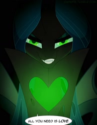 Size: 1315x1683 | Tagged: safe, artist:tarajenkins, character:queen chrysalis, species:changeling, changeling queen, cupidite, female, grin, looking at you, smiling, solo
