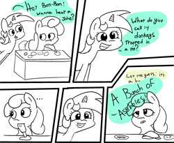 Size: 2450x2008 | Tagged: safe, artist:davierocket, character:bon bon, character:lyra heartstrings, character:sweetie drops, species:earth pony, species:pony, species:unicorn, ..., :|, bon bon is not amused, comic, dialogue, eye contact, female, frown, grin, lidded eyes, looking at each other, looking back, mare, mouth hold, open mouth, partial color, pun, simple background, smiling, speech bubble, squee, unamused, vulgar, white background, wide eyes