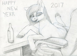 Size: 1280x930 | Tagged: safe, artist:difetra, oc, oc only, oc:tera bit, 2017, alcohol, bottle, chair, drunk, happy new year, happy new year 2017, solo