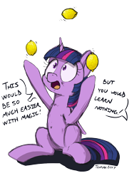 Size: 780x1080 | Tagged: safe, artist:tehflah, character:twilight sparkle, character:twilight sparkle (alicorn), species:alicorn, species:pony, context is for the weak, dialogue, female, food, juggling, lemon, looking up, offscreen character, open mouth, simple background, sitting, solo, transparent background