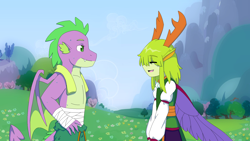 Size: 1786x1005 | Tagged: safe, artist:fantasygerard2000, character:spike, character:thorax, species:anthro, species:human, species:reformed changeling, ship:thoraxspike, episode:to where and back again, g4, my little pony: friendship is magic, clothing, eared humanization, femboy, flower, gay, grass, horned humanization, humanized, male, older, older spike, partial nudity, shipping, topless, tree, winged humanization, winged spike, wings