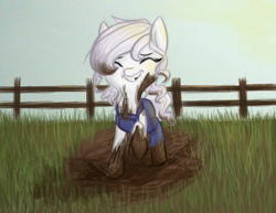 Size: 1000x771 | Tagged: safe, artist:hippykat13, oc, oc only, commission, cute, eyes closed, farm, female, fence, filly, mud, solo, younger