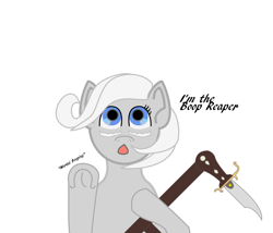 Size: 852x729 | Tagged: safe, artist:planetkiller, oc, oc only, oc:boop fandango, species:earth pony, species:pony, :o, boop, cute, face paint, female, knife, looking at you, looking up, open mouth, scythe, simple background, solo, this will end in death, underhoof, white background, your eternal reward