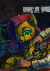 Size: 566x800 | Tagged: safe, artist:lexx2dot0, character:fluttershy, species:human, species:pony, female, flutterbot, gouache, hand, lidded eyes, looking at something, looking down, lying down, maintenance, offscreen character, prone, repairing, robot, robot pony, roboticist, screen, screwdriver, solo, traditional art, window