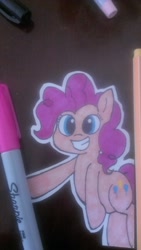 Size: 1840x3264 | Tagged: safe, artist:davierocket, character:pinkie pie, species:earth pony, species:pony, craft, female, grin, irl, mare, marker, marker drawing, paper child, papercraft, photo, smiling, solo, table, traditional art