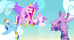 Size: 1100x593 | Tagged: safe, artist:tiffanymarsou, character:princess cadance, character:princess flurry heart, character:rainbow dash, character:twilight sparkle, character:twilight sparkle (alicorn), species:alicorn, species:pony, cloud, eyes closed, flying, flying lesson, laughing, older, upside down, watermark