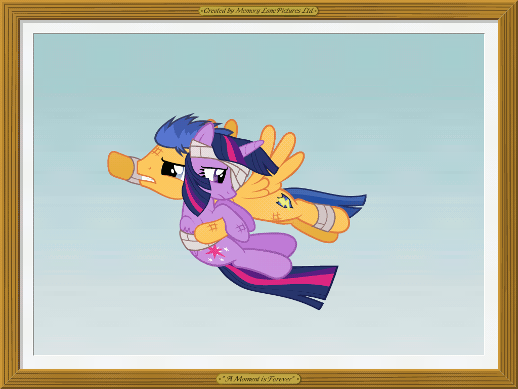 Size: 1024x768 | Tagged: safe, artist:misteraibo, character:flash sentry, character:twilight sparkle, character:twilight sparkle (alicorn), species:alicorn, species:pegasus, species:pony, ship:flashlight, animated, bandage, blinking, danger, female, flash sentry savior of the universe, flying, force field, frown, gif, injured, loop, magic, male, mare, memory lane pictures, open mouth, passing out, scared, shield, shipping, stallion, story included, straight