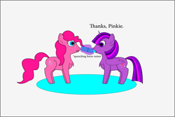 Size: 1563x1042 | Tagged: safe, artist:planetkiller, derpibooru original, character:pinkie pie, character:twilight sparkle, character:twilight sparkle (alicorn), species:alicorn, species:pony, chest fluff, comic, descriptive noise, drinking, french, gray background, horse noises, meme, simple background, single panel, text, water