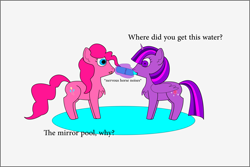 Size: 1563x1042 | Tagged: safe, artist:planetkiller, derpibooru original, character:pinkie pie, character:twilight sparkle, character:twilight sparkle (alicorn), species:alicorn, species:pony, chest fluff, comic, descriptive noise, drinking, french, gray background, horse noises, meme, simple background, single panel, text, this will end in tears, water