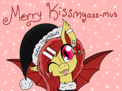 Size: 1280x960 | Tagged: safe, artist:php62, oc, oc only, species:bat pony, species:pony, bat pony oc, christmas ponies, clothing, ear piercing, earring, freckles, hat, jewelry, looking at you, merry christmas, one eye closed, piercing, santa hat, solo, spread wings, tongue out, vulgar, wings, wink