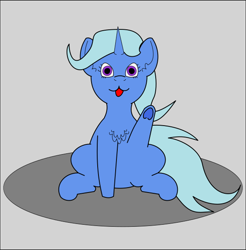 Size: 602x613 | Tagged: safe, artist:planetkiller, character:trixie, species:pony, species:unicorn, :3, blep, chest fluff, cute, female, gray background, looking at you, no catchlights, simple background, sitting, solo, tongue out, underhoof