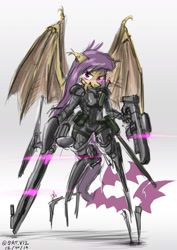 Size: 1290x1821 | Tagged: safe, artist:satv12, character:flutterbat, character:fluttershy, species:anthro, species:bat pony, bodysuit, female, gun, looking at you, powered exoskeleton, race swap, rifle, science fiction, simple background, solo, spread wings, tacticool, weapon, white background, wings