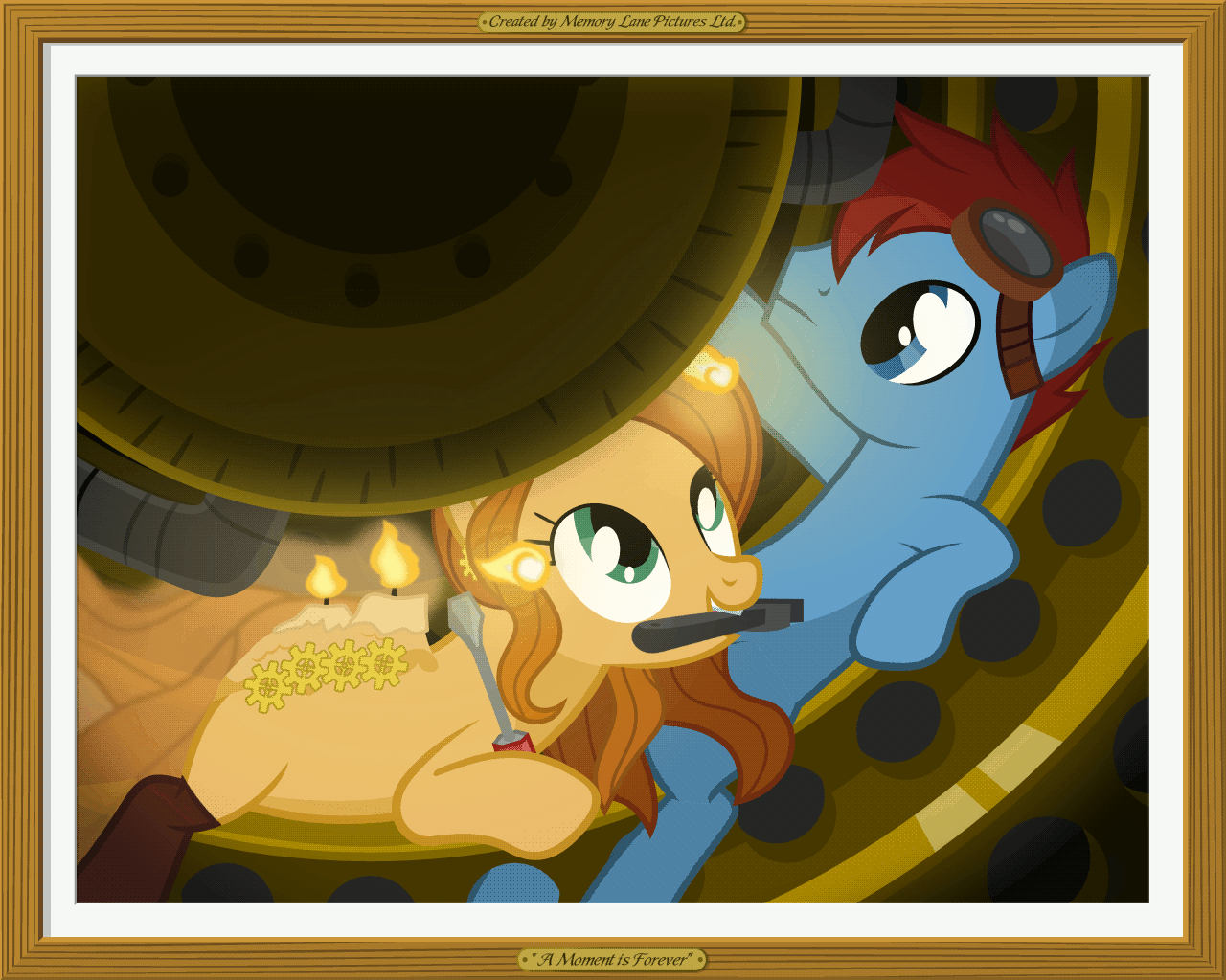 Size: 1280x1024 | Tagged: safe, artist:misteraibo, oc, oc only, oc:copper lightning, oc:rose aether, species:earth pony, species:pony, animated, candle, female, fire, gif, goggles, male, mare, memory lane pictures, mouth hold, oc x oc, original species, scented pony, shipping, stallion, straight, wrench