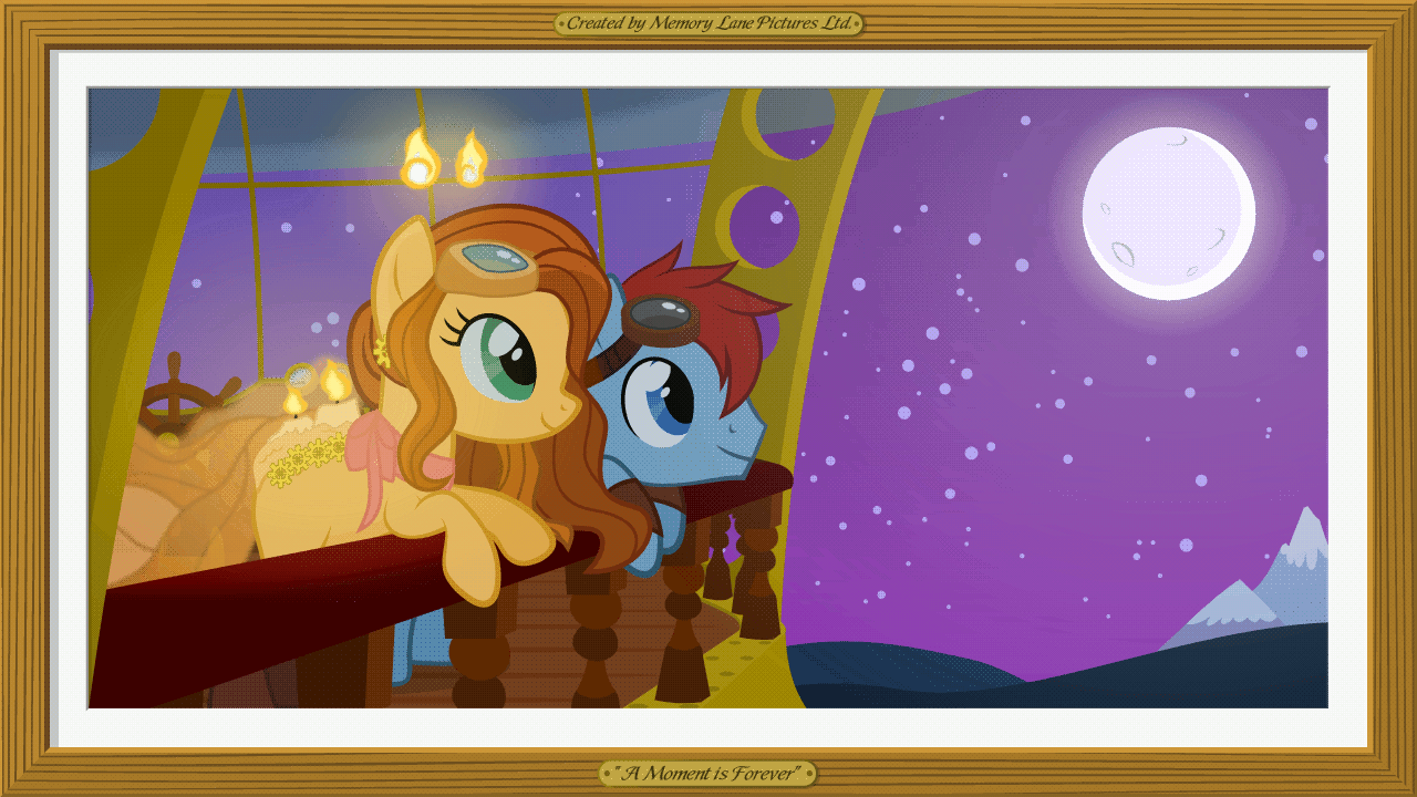 Size: 1280x720 | Tagged: safe, artist:misteraibo, oc, oc only, oc:copper lightning, oc:rose aether, species:earth pony, species:pony, airship, animated, candle, eyes closed, female, fire, gif, goggles, male, mare, memory lane pictures, moon, mountain, night, original species, scented pony, stallion