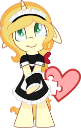 Size: 1024x1618 | Tagged: safe, artist:daydreamsyndrom, oc, oc only, oc:vive, species:pony, species:unicorn, bipedal, bow, clothing, cuffs (clothes), cute, cutie mark, cutie mark background, floppy ears, french maid, hair bow, heart, maid, simple background, smiling, solo, transparent background
