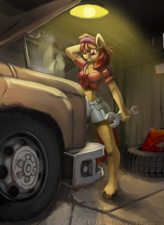 Size: 730x1000 | Tagged: safe, artist:lexx2dot0, character:apple bloom, species:anthro, species:unguligrade anthro, breasts, busty apple bloom, car, clothing, female, garage, light, mechanic, midriff, older, older apple bloom, red hair, red tail, shorts, solo, unsure, vehicle, wrench