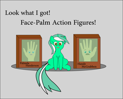 Size: 1577x1263 | Tagged: safe, artist:planetkiller, character:lyra heartstrings, species:pony, action figure, chest fluff, facepalm, facial hair, hand, looking at you, pun, wat, why