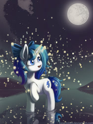 Size: 900x1200 | Tagged: safe, artist:lexx2dot0, oc, oc only, oc:sapphire moonlight, species:pony, species:unicorn, bow, commission, female, full moon, glowing horn, hair bow, looking back, magic, mare, mare in the moon, moon, night, open mouth, raised hoof, reflection, smiling, solo