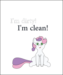 Size: 967x1150 | Tagged: safe, artist:planetkiller, derpibooru original, character:sweetie belle, species:pony, derpibooru theme illusion, female, illusion, looking at you, meme, open mouth, sitting, solo, text