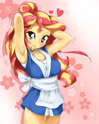 Size: 1400x1750 | Tagged: safe, artist:fromamida, character:sunset shimmer, my little pony:equestria girls, abstract background, adorasexy, anime, apron, armpits, blushing, clothing, colored pupils, cute, female, hair tie, happi, heart, looking at you, sexy, shimmerbetes, solo, standing, sunset sushi, toy interpretation