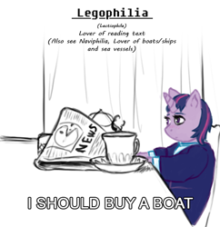 Size: 540x558 | Tagged: dead source, safe, artist:sehad, character:twilight sparkle, species:anthro, big book of fetishes, clothing, educational, female, i should buy a boat, meme, newspaper, simple, simple background, sketch, solo, suit