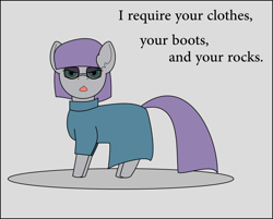 Size: 886x713 | Tagged: safe, artist:planetkiller, character:maud pie, species:pony, clothing, female, looking at you, rock, simple background, solo, sunglasses, terminator, terminator 2, text, that pony sure does love rocks