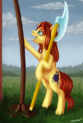 Size: 1214x1800 | Tagged: safe, artist:sa1ntmax, oc, oc only, oc:maytee, species:earth pony, species:pony, bardiche, female, mare, open mouth, pencil, solo, weapon