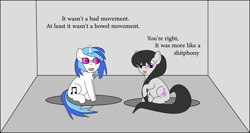 Size: 1922x1022 | Tagged: safe, artist:planetkiller, character:dj pon-3, character:octavia melody, character:vinyl scratch, species:pony, chest fluff, cute, looking down, pun, raised hoof, simple background, sitting, text, vulgar