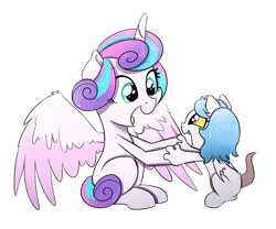 Size: 3000x2500 | Tagged: safe, artist:marukouhai, character:princess flurry heart, oc, oc:eris, parent:discord, parent:princess celestia, parents:dislestia, species:alicorn, species:pony, high res, hybrid, interspecies offspring, offspring, older, simple background, sitting, smiling, white background