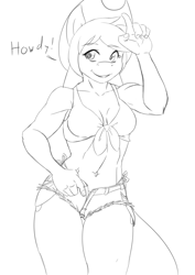 Size: 1344x1900 | Tagged: safe, artist:the-unicorn-lord, patreon reward, character:applejack, species:anthro, abs, belly button, clothing, daisy dukes, front knot midriff, midriff, monochrome, shorts, sketch, thing