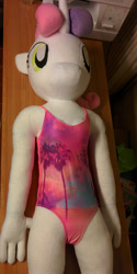 Size: 750x1500 | Tagged: safe, artist:liggliluff, derpibooru original, character:sweetie belle, species:anthro, anthro plushie, clothing, irl, one-piece swimsuit, photo, plushie, swimsuit