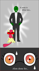 Size: 1528x2806 | Tagged: safe, artist:planetkiller, character:apple bloom, oc, oc:anon, species:pony, a cat is fine too, anonymous, comic, hand on hip, meme, parody, pun, scared, simple background, sweat, that's why i assault ren