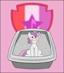 Size: 1065x1208 | Tagged: safe, artist:planetkiller, part of a set, character:sweetie belle, species:pony, blushing, chest fluff, cutie mark, female, litter ponies, litterbox, looking up, sitting, solo, the cmc's cutie marks, why