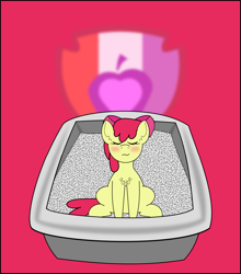 Size: 1065x1208 | Tagged: safe, artist:planetkiller, part of a set, character:apple bloom, species:pony, blushing, chest fluff, cutie mark, eyes closed, female, litter ponies, litterbox, sitting, solo, the cmc's cutie marks, why