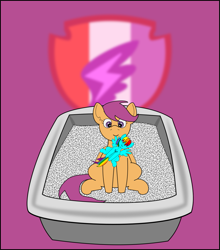 Size: 1065x1208 | Tagged: safe, artist:planetkiller, part of a set, character:rainbow dash, character:scootaloo, species:pegasus, species:pony, blushing, chest fluff, cutie mark, female, litter ponies, litterbox, looking down, plushie, sitting, the cmc's cutie marks, why