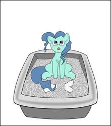 Size: 1065x1208 | Tagged: safe, artist:planetkiller, part of a set, character:petunia paleo, species:earth pony, species:pony, g4, bone, female, litter ponies, litterbox, looking at you, looking up, simple background, sitting, solo