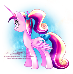 Size: 1095x1117 | Tagged: safe, artist:tiffanymarsou, character:princess cadance, species:alicorn, species:pony, bow, female, solo, tail bow, teen princess cadance, younger